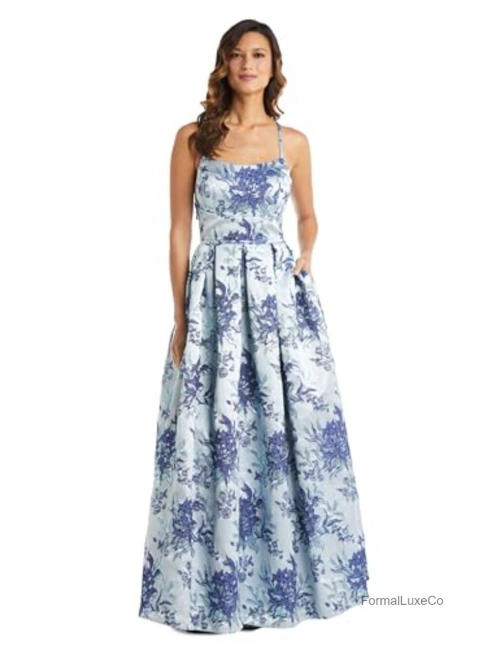 Women's Floral Brocade Ballgown with Spaghetti Straps & Cut Out Back